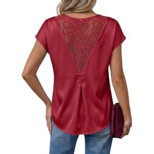 image:imageDokotoo Womens Silk Satin Tops Short Sleeve Shirts Crewneck Back Lace Patchwork Casual Dressy Blouse Summer OutfitsRed