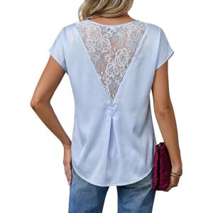 image:imageDokotoo Womens Silk Satin Tops Short Sleeve Shirts Crewneck Back Lace Patchwork Casual Dressy Blouse Summer OutfitsSky Blue
