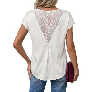image:imageDokotoo Womens Silk Satin Tops Short Sleeve Shirts Crewneck Back Lace Patchwork Casual Dressy Blouse Summer OutfitsWhite