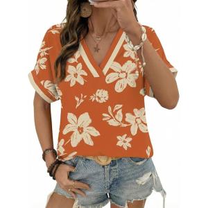 image:imageDokotoo Womens Spring Summer Casual V Neck Tops Loose Fit Short Sleeve Floral T ShirtsOrange