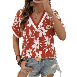 image:imageDokotoo Womens Spring Summer Casual V Neck Tops Loose Fit Short Sleeve Floral T ShirtsRed
