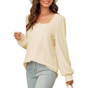 image:imageDokotoo Womens Square Neck Puff Sleeve Casual Loose Ribbed Knit Soft Blouses Tuinc TopsApricot