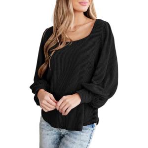 image:imageDokotoo Womens Square Neck Puff Sleeve Casual Loose Ribbed Knit Soft Blouses Tuinc TopsBlack