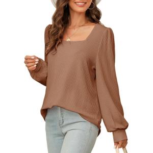 image:imageDokotoo Womens Square Neck Puff Sleeve Casual Loose Ribbed Knit Soft Blouses Tuinc TopsChestnut