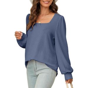 image:imageDokotoo Womens Square Neck Puff Sleeve Casual Loose Ribbed Knit Soft Blouses Tuinc TopsDirty Blue