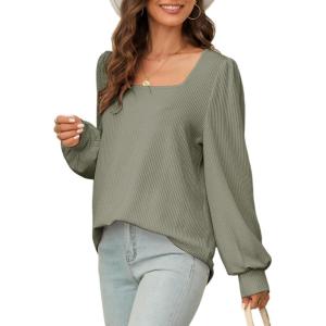 image:imageDokotoo Womens Square Neck Puff Sleeve Casual Loose Ribbed Knit Soft Blouses Tuinc TopsFour Leaf Clover