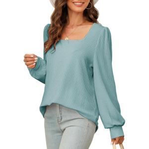 image:imageDokotoo Womens Square Neck Puff Sleeve Casual Loose Ribbed Knit Soft Blouses Tuinc TopsHaze Blue