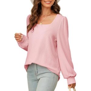 image:imageDokotoo Womens Square Neck Puff Sleeve Casual Loose Ribbed Knit Soft Blouses Tuinc TopsLight Pink