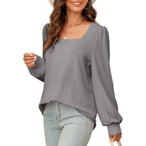 image:imageDokotoo Womens Square Neck Puff Sleeve Casual Loose Ribbed Knit Soft Blouses Tuinc TopsMedium Grey