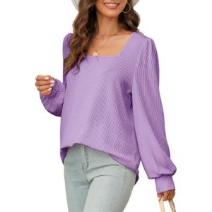 image:imageDokotoo Womens Square Neck Puff Sleeve Casual Loose Ribbed Knit Soft Blouses Tuinc TopsOrchid Mist