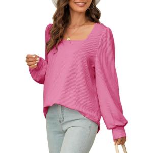 image:imageDokotoo Womens Square Neck Puff Sleeve Casual Loose Ribbed Knit Soft Blouses Tuinc TopsRose Red
