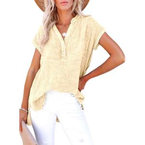 image:imageDokotoo Womens Summer 2026 Boho Tops Casual Button Short Sleeve V Neck Shirts Solid Cotton BlousesApricot