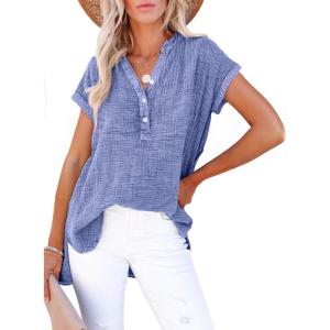 image:imageDokotoo Womens Summer 2026 Boho Tops Casual Button Short Sleeve V Neck Shirts Solid Cotton BlousesBeau Blue