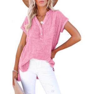image:imageDokotoo Womens Summer 2026 Boho Tops Casual Button Short Sleeve V Neck Shirts Solid Cotton BlousesBright Pink
