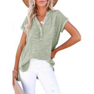 image:imageDokotoo Womens Summer 2026 Boho Tops Casual Button Short Sleeve V Neck Shirts Solid Cotton BlousesClearly Aqua