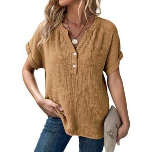 image:imageDokotoo Womens Summer 2026 Boho Tops Casual Button Short Sleeve V Neck Shirts Solid Cotton BlousesLight French Beige
