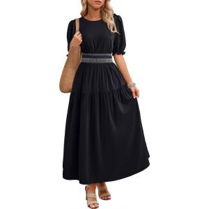image:imageDokotoo Womens Summer 2026 Casual Midi Maxi Dresses Lightweight Short Sleeve Crew Neck Elastic Waist Smocked Boho DressBlack