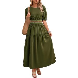 image:imageDokotoo Womens Summer 2026 Casual Midi Maxi Dresses Lightweight Short Sleeve Crew Neck Elastic Waist Smocked Boho DressJungle Green