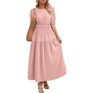 image:imageDokotoo Womens Summer 2026 Casual Midi Maxi Dresses Lightweight Short Sleeve Crew Neck Elastic Waist Smocked Boho DressLight Pink
