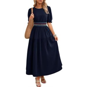 image:imageDokotoo Womens Summer 2026 Casual Midi Maxi Dresses Lightweight Short Sleeve Crew Neck Elastic Waist Smocked Boho DressNavy Blue