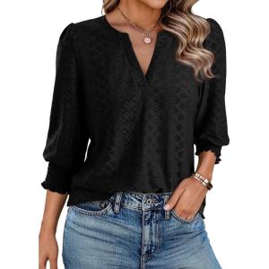 image:imageDokotoo Womens Summer 2026 Hollow Out Blouses 34 Length Sleeve Business Tops Dressy Casual V Neck Cute TShirtsBlack