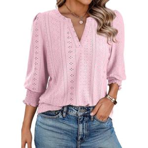 image:imageDokotoo Womens Summer 2026 Hollow Out Blouses 34 Length Sleeve Business Tops Dressy Casual V Neck Cute TShirtsLight Pink