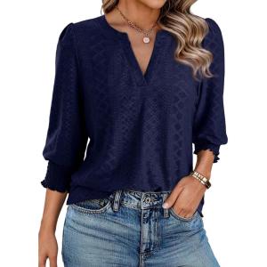 image:imageDokotoo Womens Summer 2026 Hollow Out Blouses 34 Length Sleeve Business Tops Dressy Casual V Neck Cute TShirtsNavy Blue