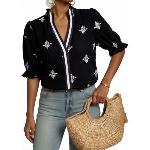 image:imageDokotoo Womens Summer Boho Floral Ruffle Shirt Puff Short Sleeve V Neck Casual Trendy Cute Blouse TopsBlack