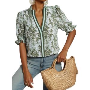 image:imageDokotoo Womens Summer Boho Floral Ruffle Shirt Puff Short Sleeve V Neck Casual Trendy Cute Blouse TopsGreen