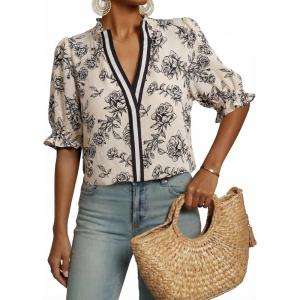 image:imageDokotoo Womens Summer Boho Floral Ruffle Shirt Puff Short Sleeve V Neck Casual Trendy Cute Blouse TopsKhaki