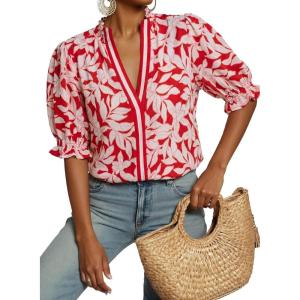 image:imageDokotoo Womens Summer Boho Floral Ruffle Shirt Puff Short Sleeve V Neck Casual Trendy Cute Blouse TopsRed