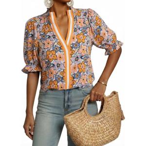 image:imageDokotoo Womens Summer Boho Floral Ruffle Shirt Puff Short Sleeve V Neck Casual Trendy Cute Blouse TopsYellow