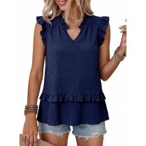 image:imageDokotoo Womens Summer Casual Sleeveless Tops Loose V Neck Ruffled Sleeve Vacation Tank Top Shirts OutfitsDark Blue