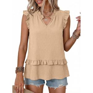 image:imageDokotoo Womens Summer Casual Sleeveless Tops Loose V Neck Ruffled Sleeve Vacation Tank Top Shirts OutfitsKhaki