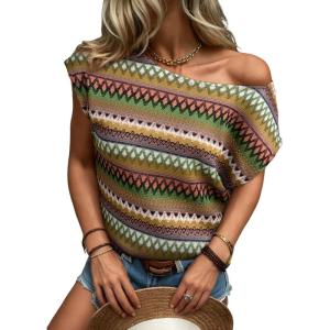 image:imageDokotoo Womens Summer Color Block Boho Casual T Shirts 2026 Short Sleeve Crewneck Off Shoulder TopsGreen
