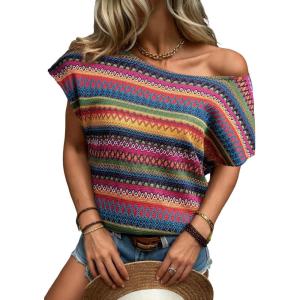 image:imageDokotoo Womens Summer Color Block Boho Casual T Shirts 2026 Short Sleeve Crewneck Off Shoulder TopsMulticolour