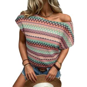 image:imageDokotoo Womens Summer Color Block Boho Casual T Shirts 2026 Short Sleeve Crewneck Off Shoulder TopsPink