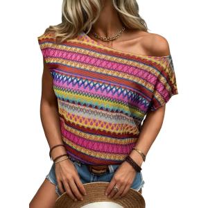 image:imageDokotoo Womens Summer Color Block Boho Casual T Shirts 2026 Short Sleeve Crewneck Off Shoulder TopsRose Red