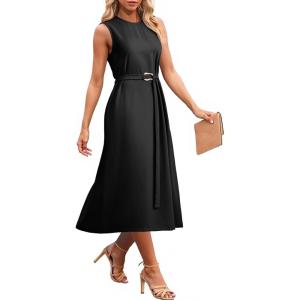 image:imageDokotoo Womens Summer Dresses 2026 Sleeveless Crewneck Gold Buckle Tie Belt Back Slit Casual Elegant Midi DressBlack