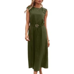 image:imageDokotoo Womens Summer Dresses 2026 Sleeveless Crewneck Gold Buckle Tie Belt Back Slit Casual Elegant Midi DressGreen