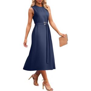image:imageDokotoo Womens Summer Dresses 2026 Sleeveless Crewneck Gold Buckle Tie Belt Back Slit Casual Elegant Midi DressNavy