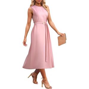 image:imageDokotoo Womens Summer Dresses 2026 Sleeveless Crewneck Gold Buckle Tie Belt Back Slit Casual Elegant Midi DressPink