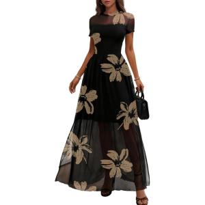 image:imageDokotoo Womens Summer Floral Print High Waist Mesh Maxi Dresses Flowy Slit Elegant Casual Boho DressBlack