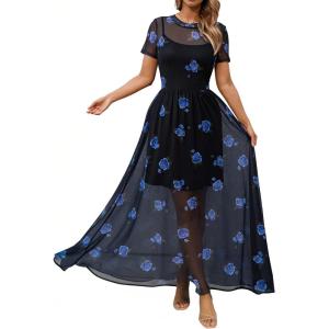 image:imageDokotoo Womens Summer Floral Print High Waist Mesh Maxi Dresses Flowy Slit Elegant Casual Boho DressBlack a