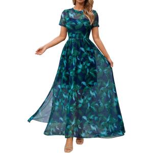 image:imageDokotoo Womens Summer Floral Print High Waist Mesh Maxi Dresses Flowy Slit Elegant Casual Boho DressGreen