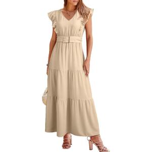image:imageDokotoo Womens Summer Maxi Dress VNeck Cap Sleeve Ruched Empire Waist Cocktail Dress Wedding Guest DressesBeige