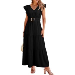 image:imageDokotoo Womens Summer Maxi Dress VNeck Cap Sleeve Ruched Empire Waist Cocktail Dress Wedding Guest DressesBlack