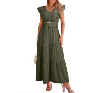 image:imageDokotoo Womens Summer Maxi Dress VNeck Cap Sleeve Ruched Empire Waist Cocktail Dress Wedding Guest DressesGreen