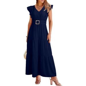 image:imageDokotoo Womens Summer Maxi Dress VNeck Cap Sleeve Ruched Empire Waist Cocktail Dress Wedding Guest DressesNavy Blue