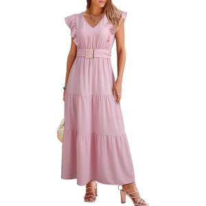 image:imageDokotoo Womens Summer Maxi Dress VNeck Cap Sleeve Ruched Empire Waist Cocktail Dress Wedding Guest DressesPink